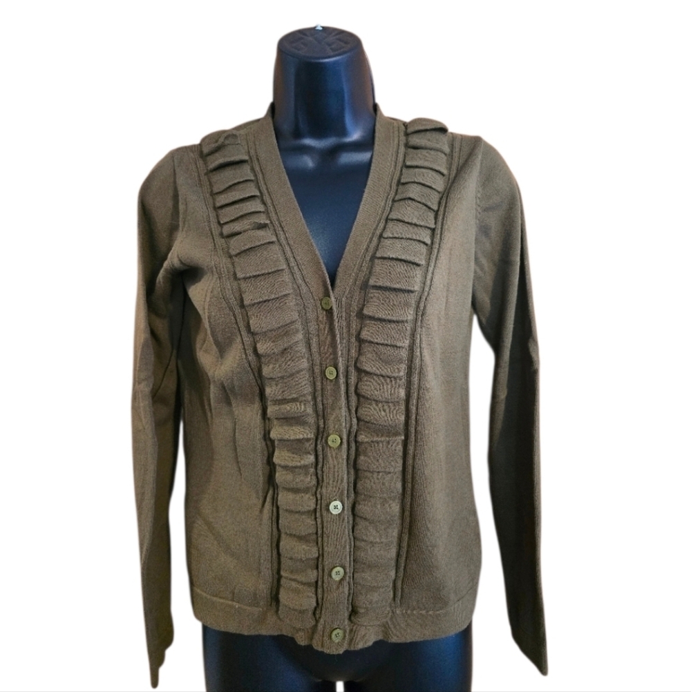 Liz Claiborne Olive Green Knit Cardigan with Textured Ruffle Details Layering